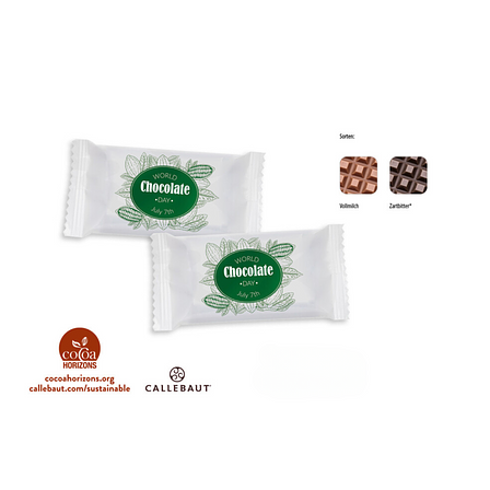 Edle 10 g Schokoladentäfelchen aus belgischer Callebaut Schokolade mit bedruckbarer Verpackung