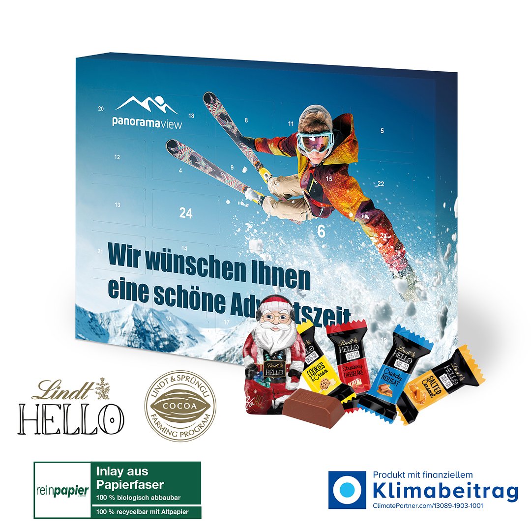 Adventskalender Lindt „HELLO“ Mini Stick Mix mit Santa, Inlay aus Papierfaser
