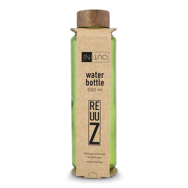 Recycelte Glaswasserflasche ReuuZ mit Holzverschluss 650 ml Frileel