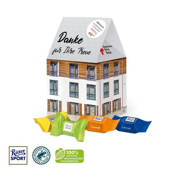 3D Präsent "Haus" mit Ritter SPORT Schokowürfel