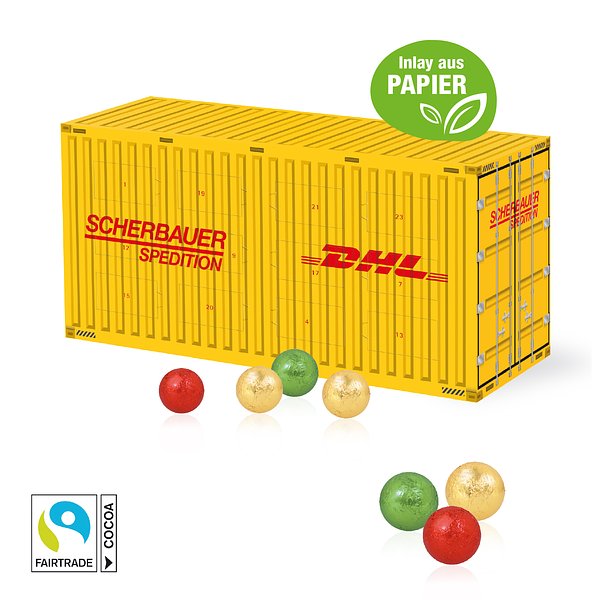 3D Adventskalender "Container" mit Fairtrade® Schokolade mit Papier-Inlay