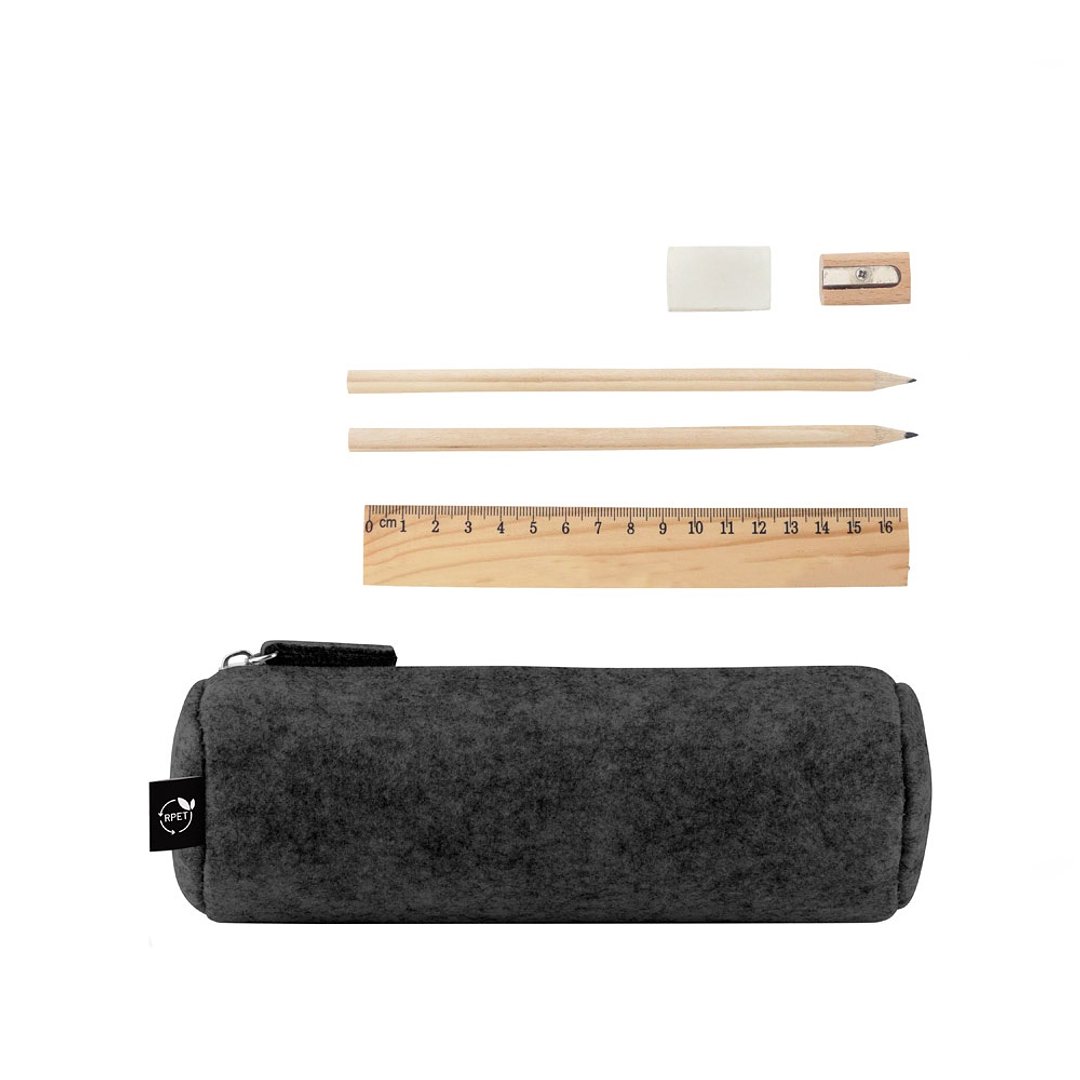 Mehrzwecketui aus recyceltem Filz (100 % rPET) mit Lineal, Bleistiften, Radiergummi und Spitzer Lüthlie