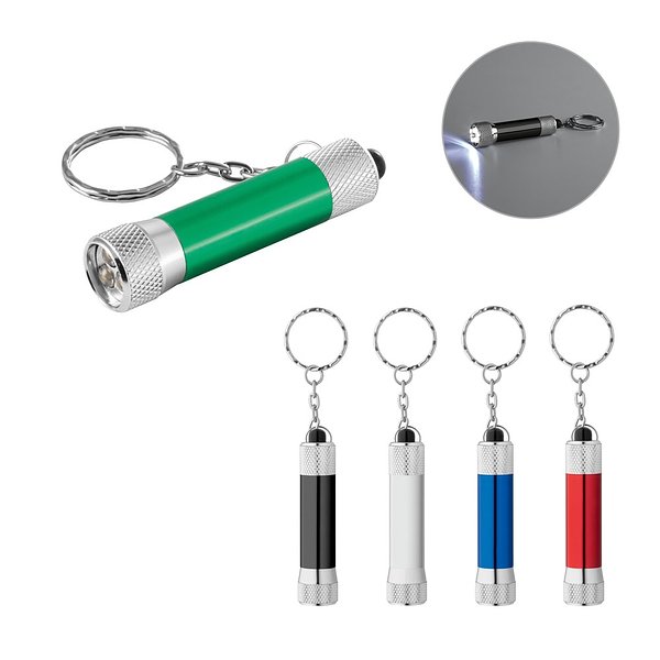 Schlüsselanhänger aus recyceltem Aluminium mit 3-Licht-LED-Taschenlampe Benatia