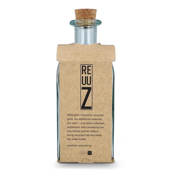 Square Recycelte Glaswasserflasche ReuuZ mit Korkverschluss 1 l Fränziama