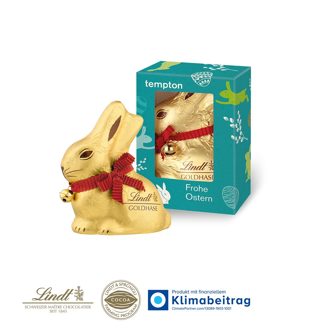 Werbekartonage „Lindt Goldhase“ 50 g auf Graspapier