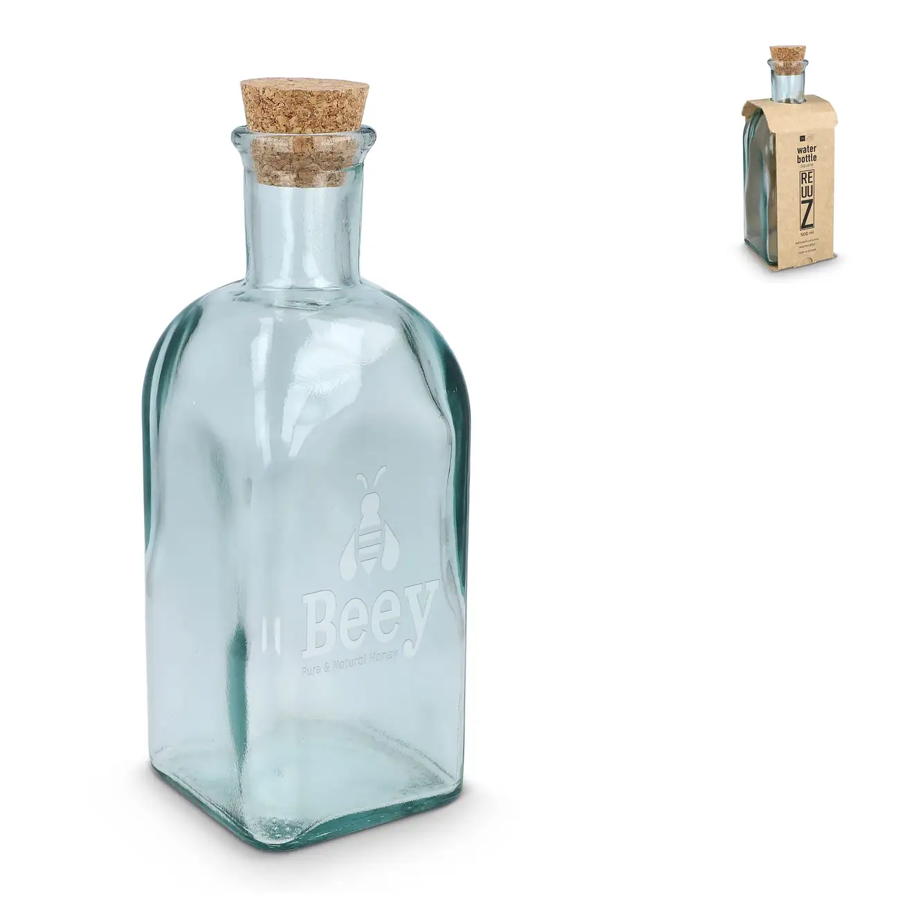 Square Recycelte Glaswasserflasche ReuuZ mit Korkverschluss 500ml Giannele