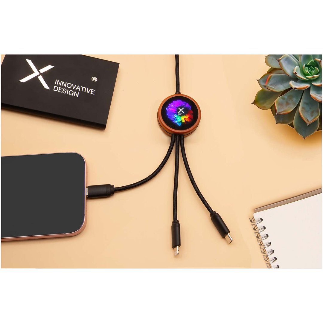 5-in-1 rPET Ladekabel in rundem Bambusgehäuse mit Leuchtlogo - Bignan