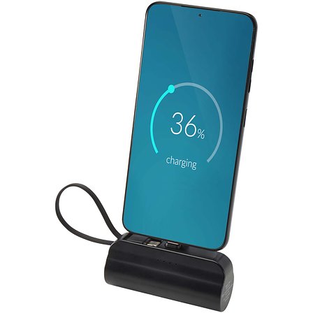 10 W 5000 mAh Typ C Powerbank aus recyceltem Kunststoff mit integriertem Klappständer und 2 in 1 Kabel - Jöritat