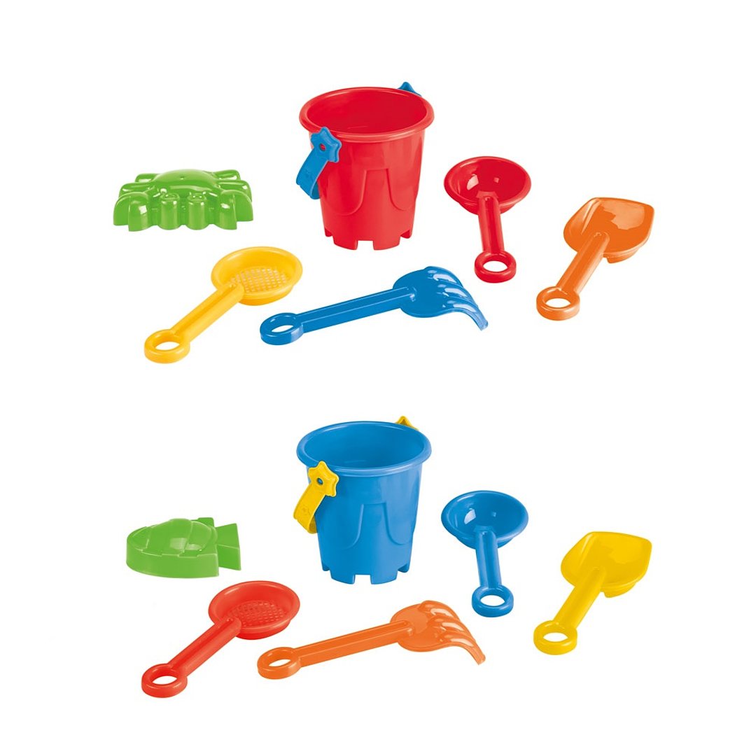 StrandEimer aus PP mit 5 Zubehörteilen: 3 Schaufeln, 1 Rechen, 1 Fisch oder 1 Krabbe Lixurs