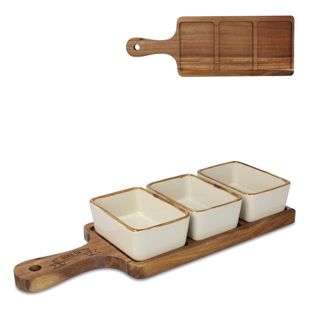 Servierbrett aus Holz mit 3 Keramikschalen Utzel
