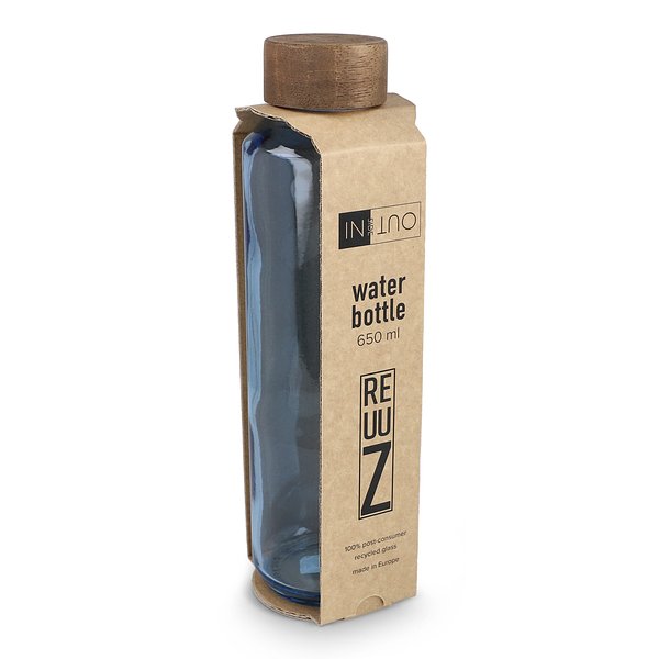 Recycelte Glaswasserflasche ReuuZ mit Holzverschluss 650 ml Frileel