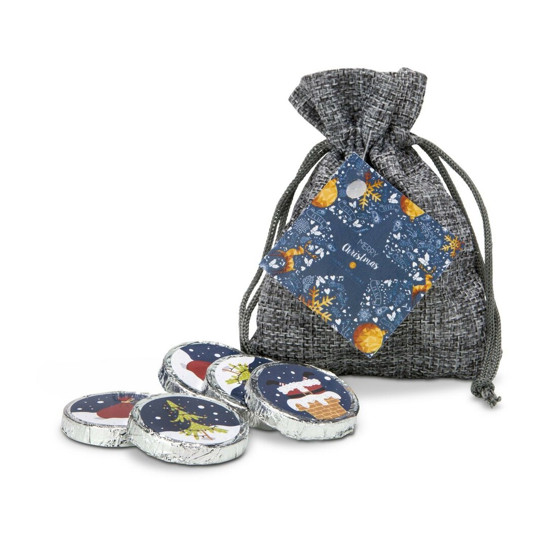weihnachtliche Schokotaler im Geschenkebeutel - Druckidee