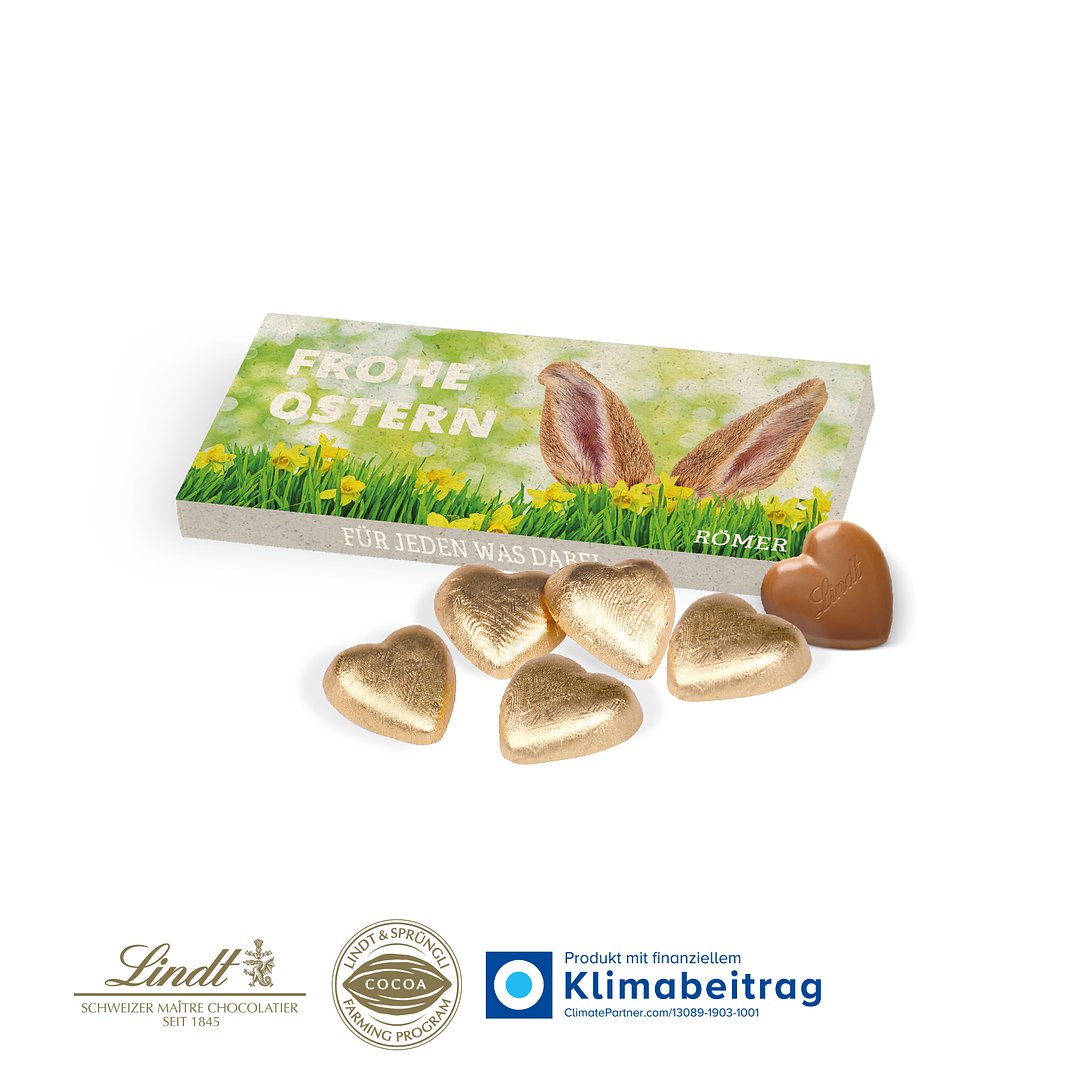 Schokoherzen in Präsentbox auf Graspapier