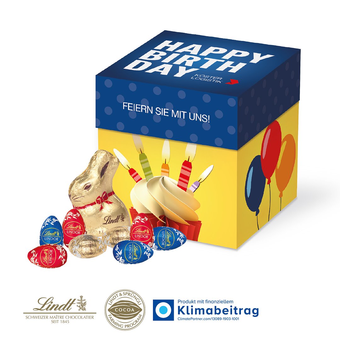 Würfelbox mit Goldhase und Schoko-Eier von Lindt