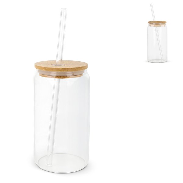 Glas mit Bambusdeckel & Strohhalm 450ml Rainanna