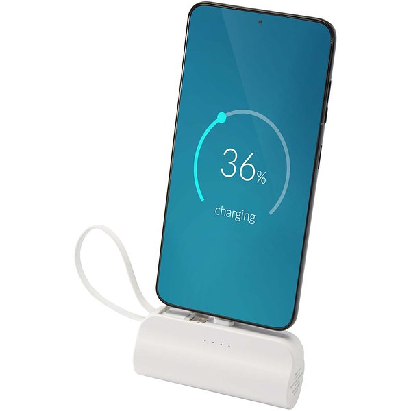 10 W 5000 mAh Typ C Powerbank aus recyceltem Kunststoff mit integriertem Klappständer und 2 in 1 Kabel - Jöritat